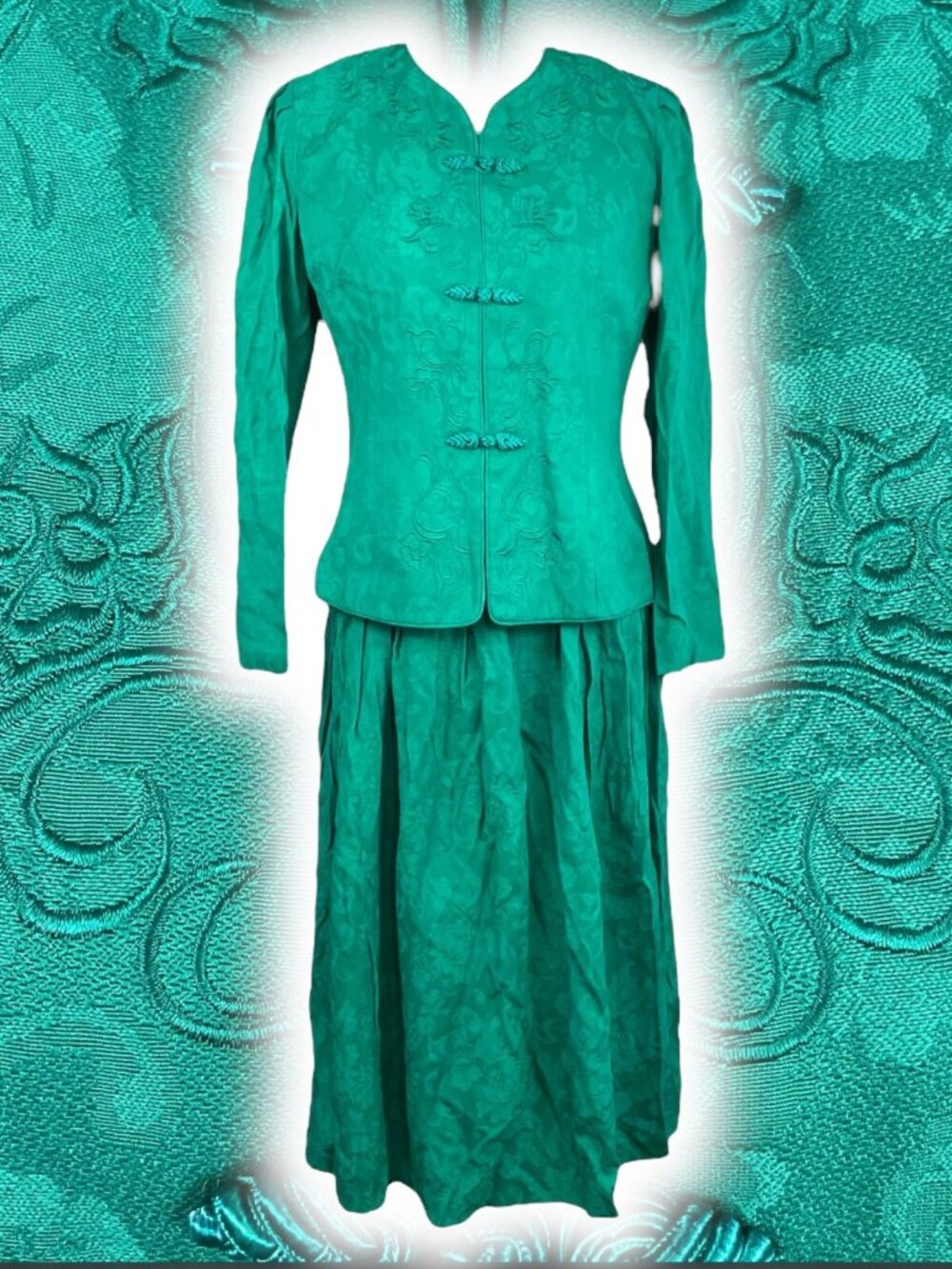 Embroidered Jacquard Mandarin Dress 10P Petite 10 VTG Floral Embossed Teal Green